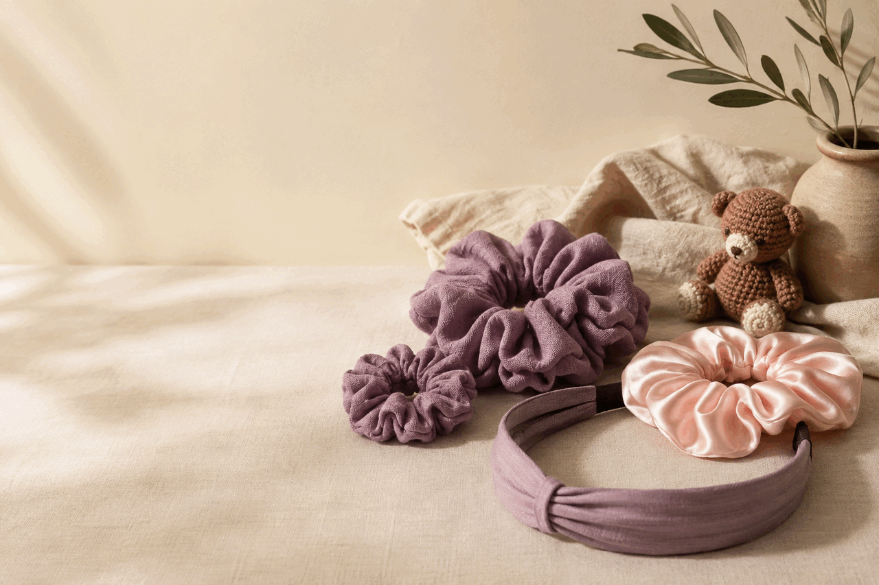 Scrunchies, cintillo y amigurumi hechos a mano en tonos malva